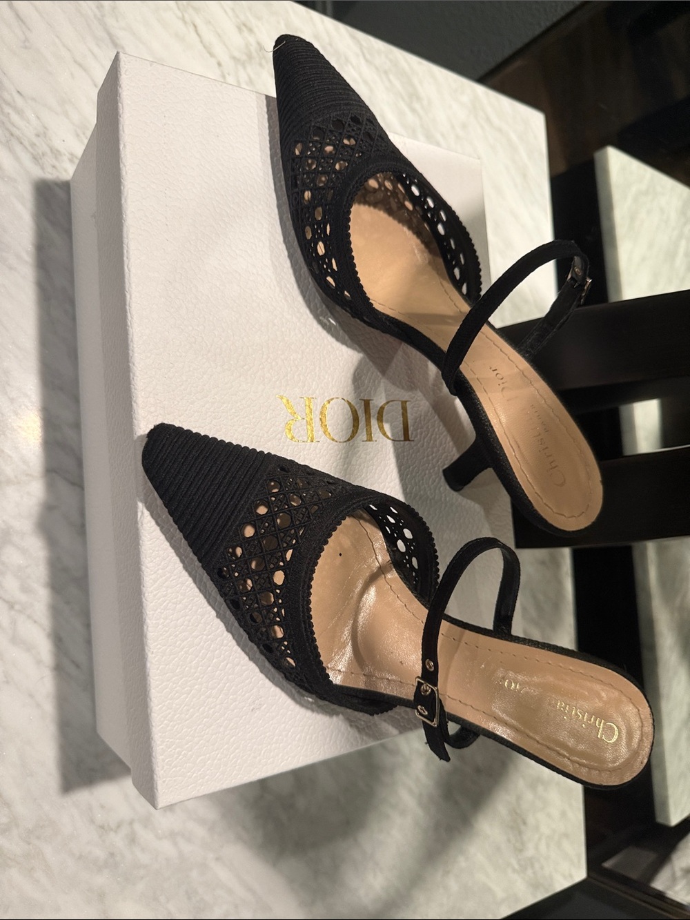 Dior Black Pointed Cutout Slingback Heels